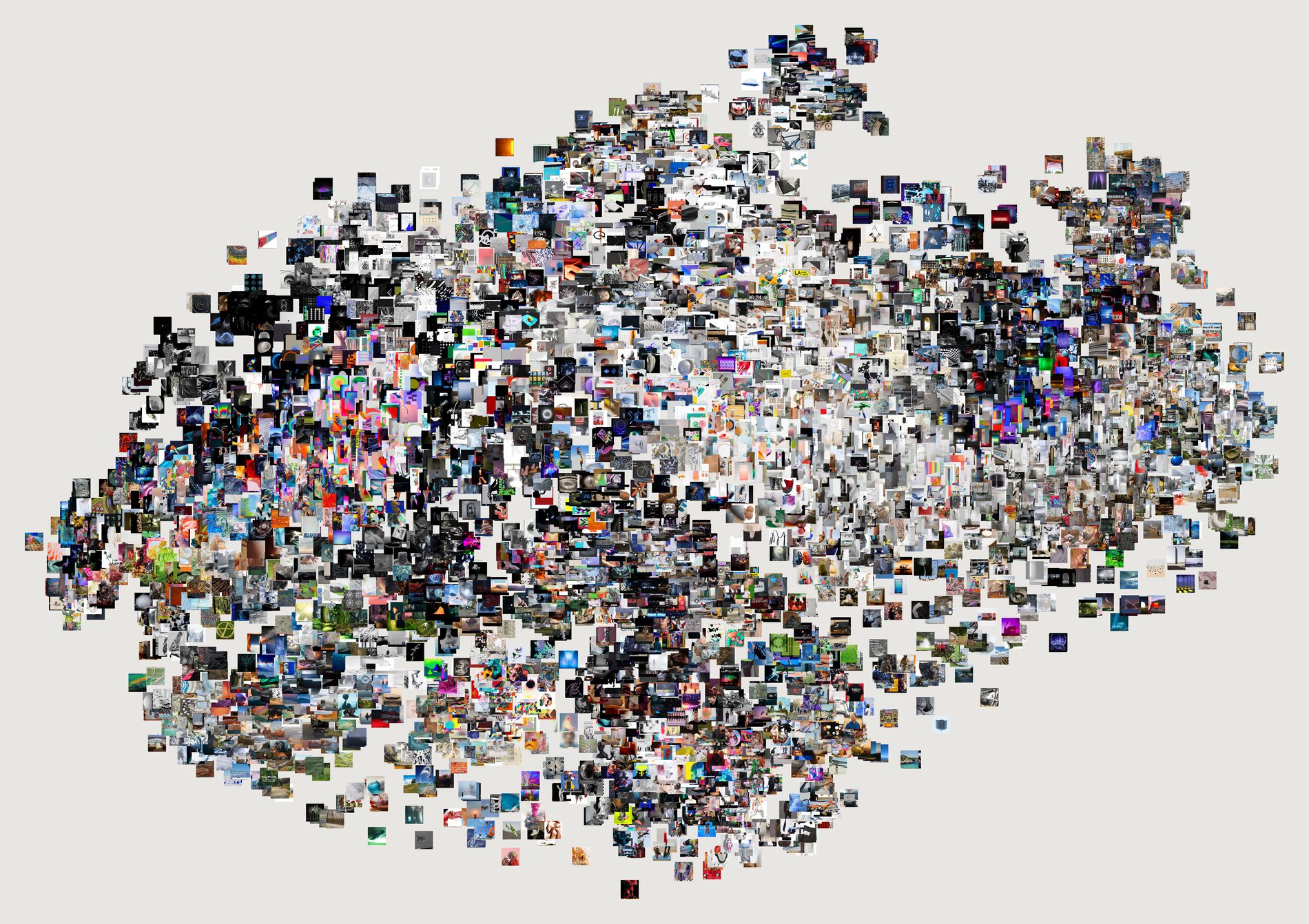 Six thousand small images at their true t-SNE coordinates, forming an organic cloud with a dense core and sparse edges.