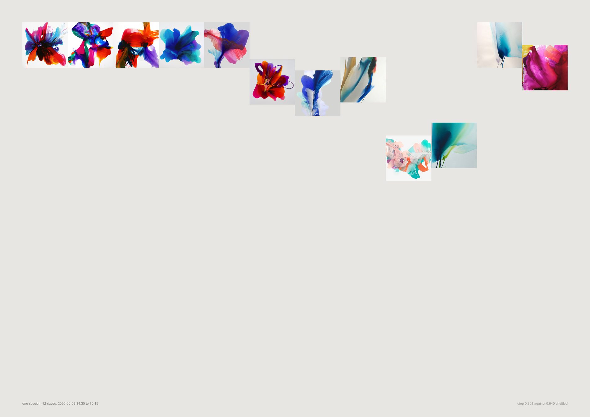 One row of larger images across a landscape page, rising and falling, drawn from a single saving session.