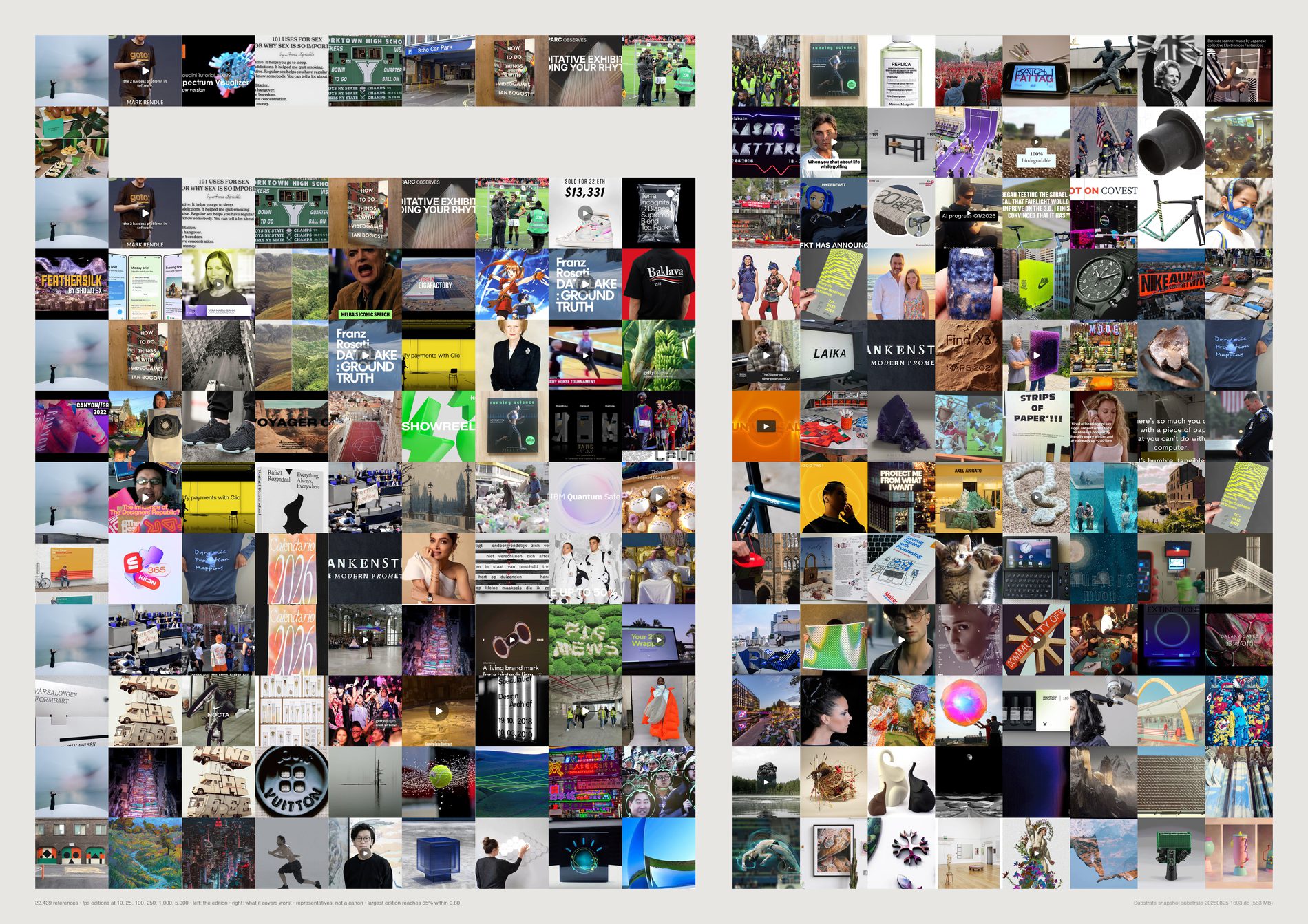 Six bands whose left-hand selections are visibly odd and marginal images, with dense ordinary material on the right that they fail to represent.