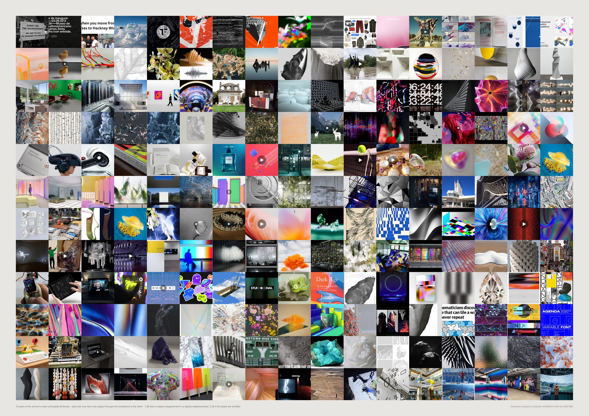 Twelve rows of images, each running from one clear kind of picture on the left through an unreadable middle to a different clear kind on the right. Nothing is labelled.