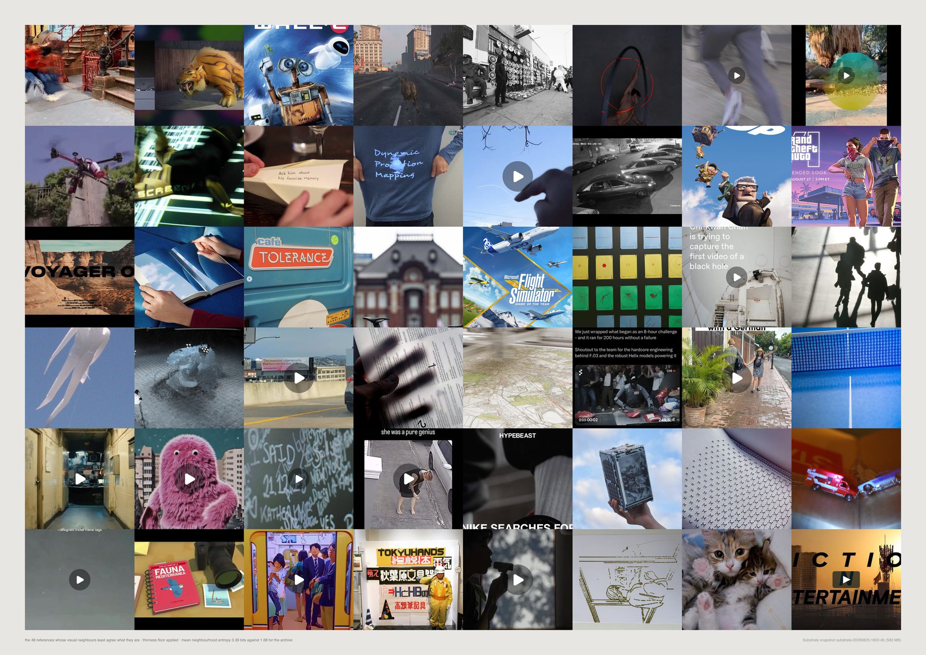 Forty-eight large images, each one hard to name: surfaces that could be landscape or material, objects that could be sculpture or product.