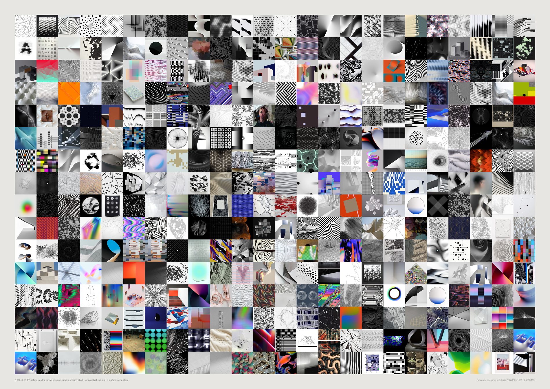 A dense page of flat images: gradients, graphic marks, abstract fields, diagrams — pictures that are surfaces rather than views into a space.