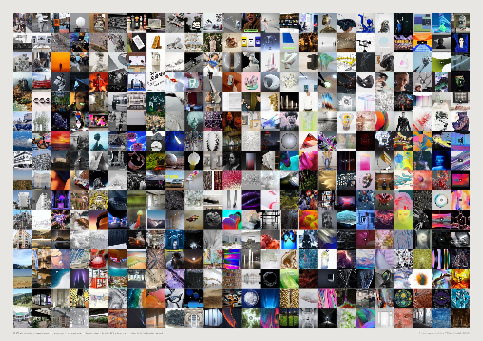 A grid of images running from open exposed space to fully enclosed interiors across, and from wide framing to a narrow aperture down.