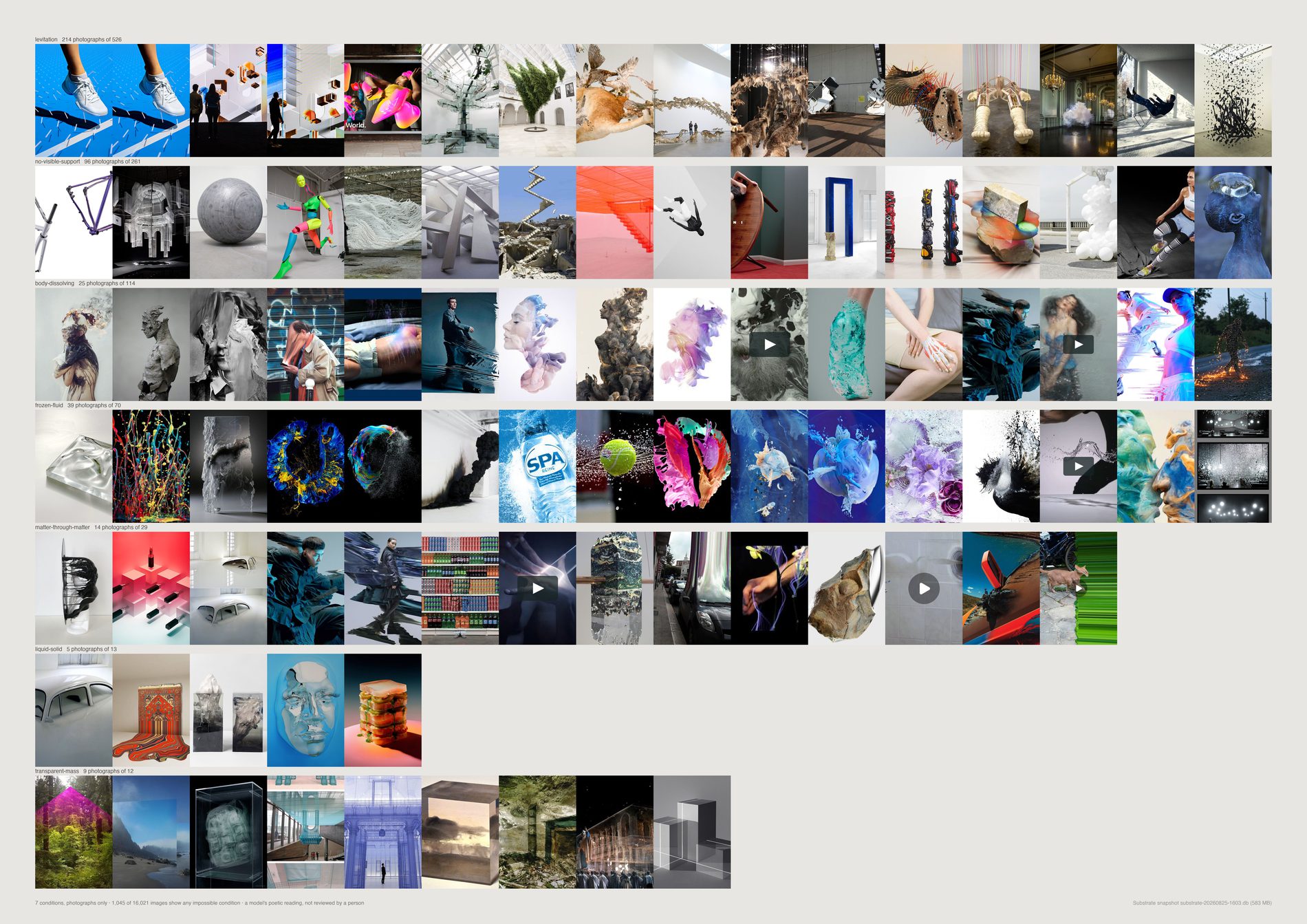 Eight rows of photographs only, no renders: suspended liquid, splashes stopped mid-air, objects held in the air, figures reflected into transparency.