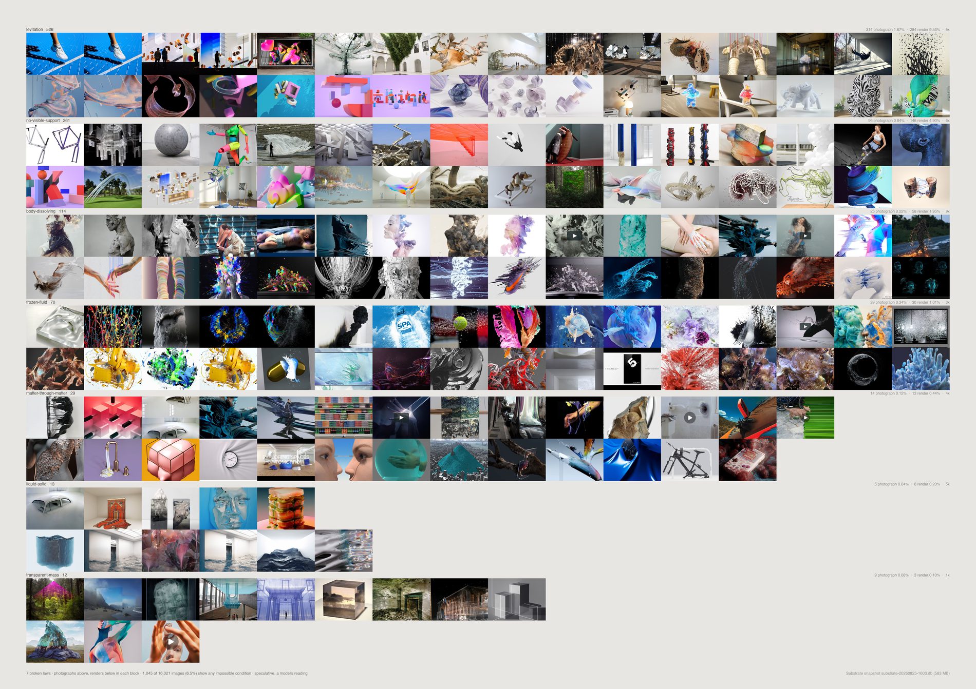 Eight labelled blocks of images, each split into two rows: objects hanging in mid-air, bodies dissolving into particles, frozen splashes, matter passing through matter.