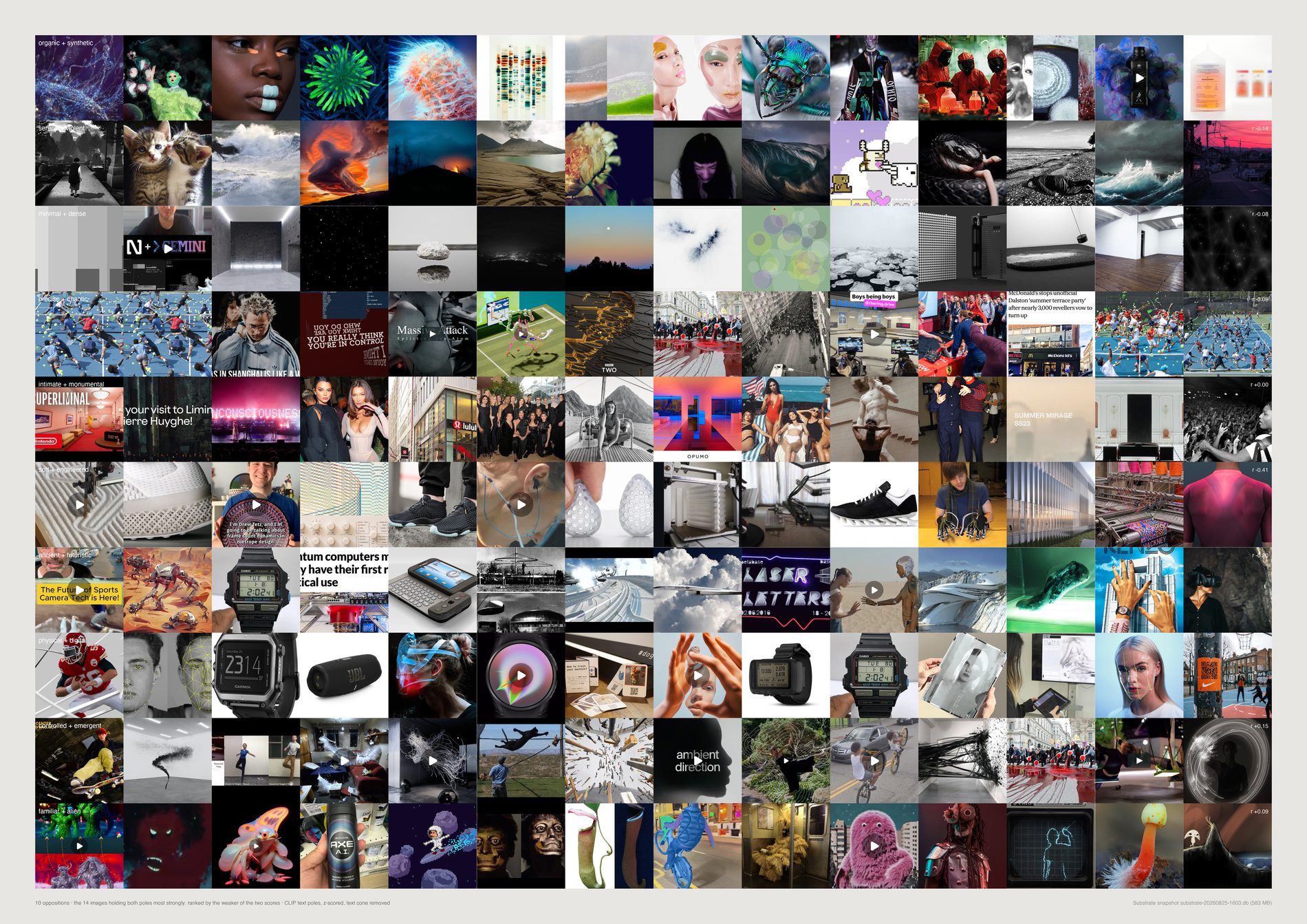 Ten labelled rows of fourteen images each, every row the pictures that score highest on two supposedly opposing qualities at once.