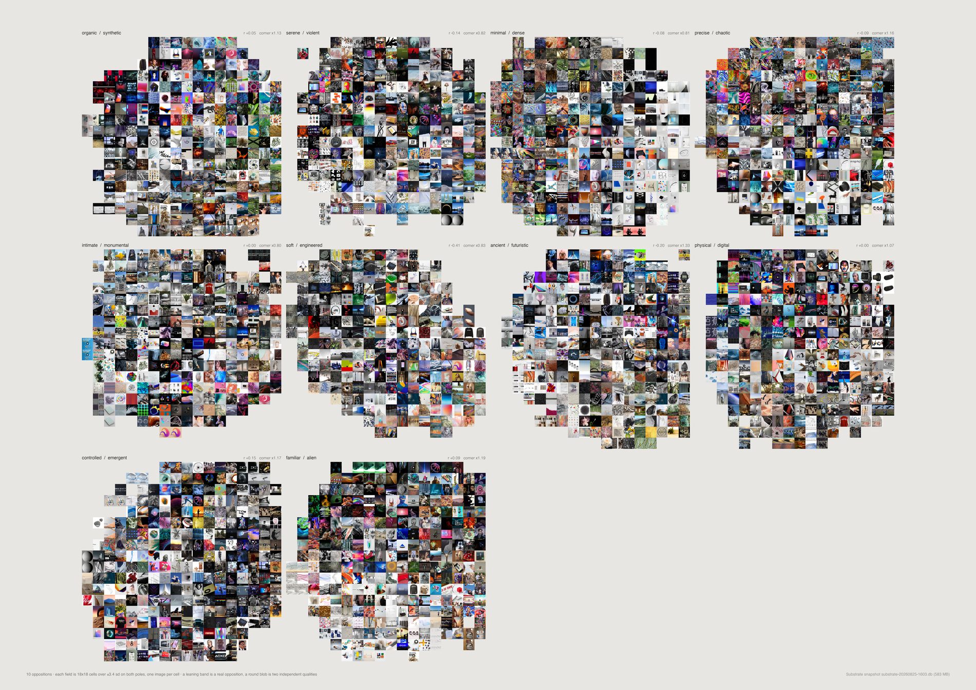 Ten small square fields of tiny images arranged across a wide page, most of them roughly round clouds, one of them a clear diagonal band.