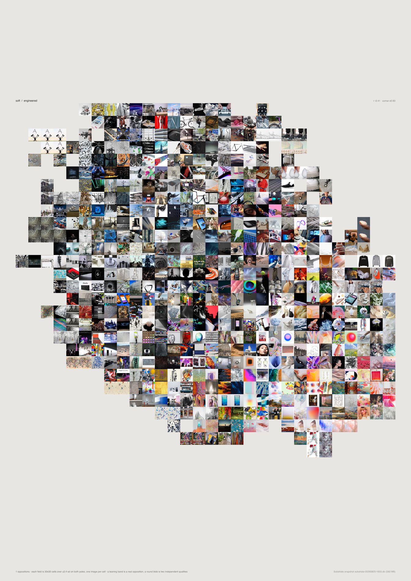 A tall square-gridded field of small images leaning as a diagonal band from the lower left to the upper right, with the top-right corner nearly empty paper.