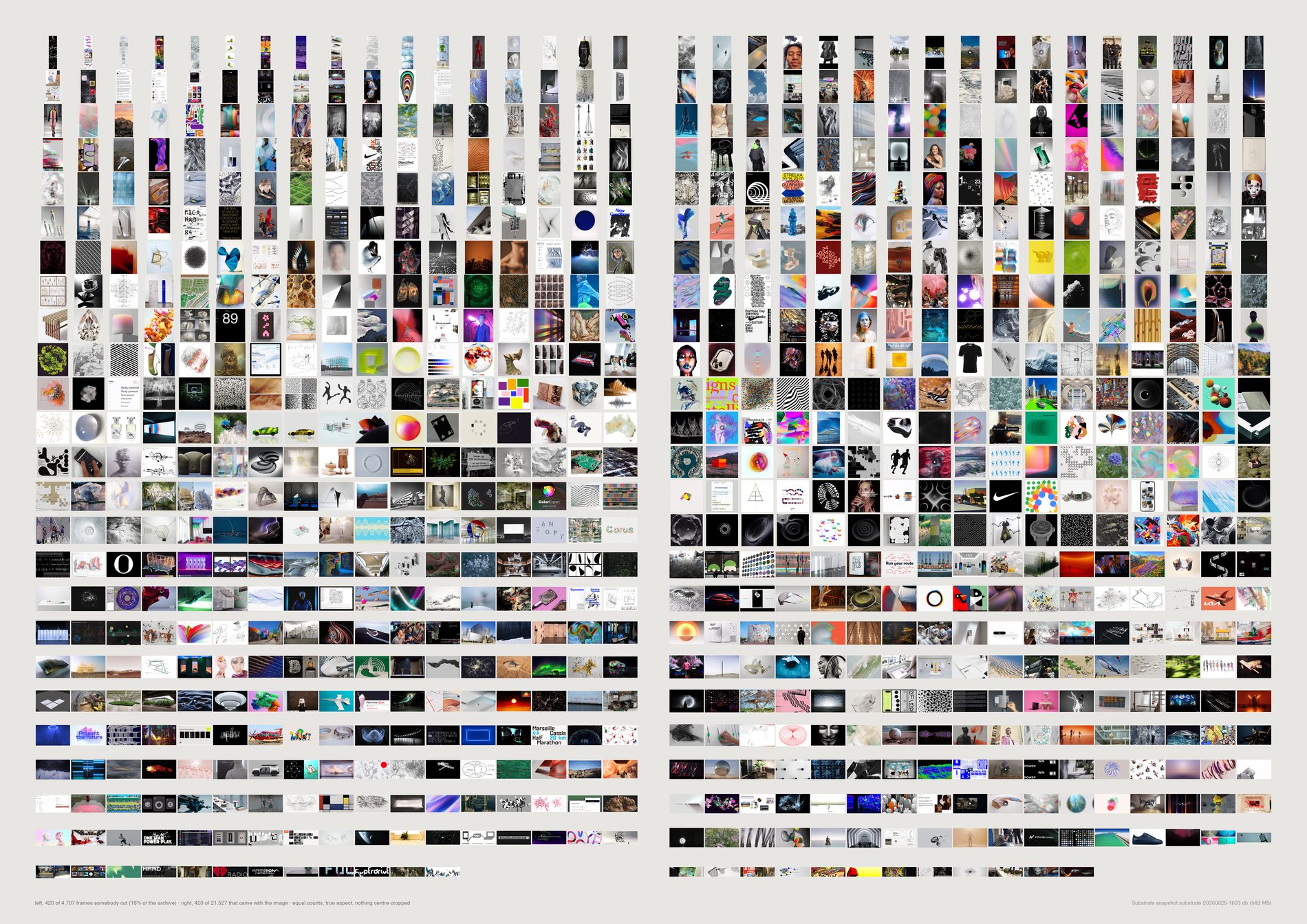 Two large fields of small images side by side, each picture at its own true proportions rather than squared, the left field noticeably paler and flatter than the right.