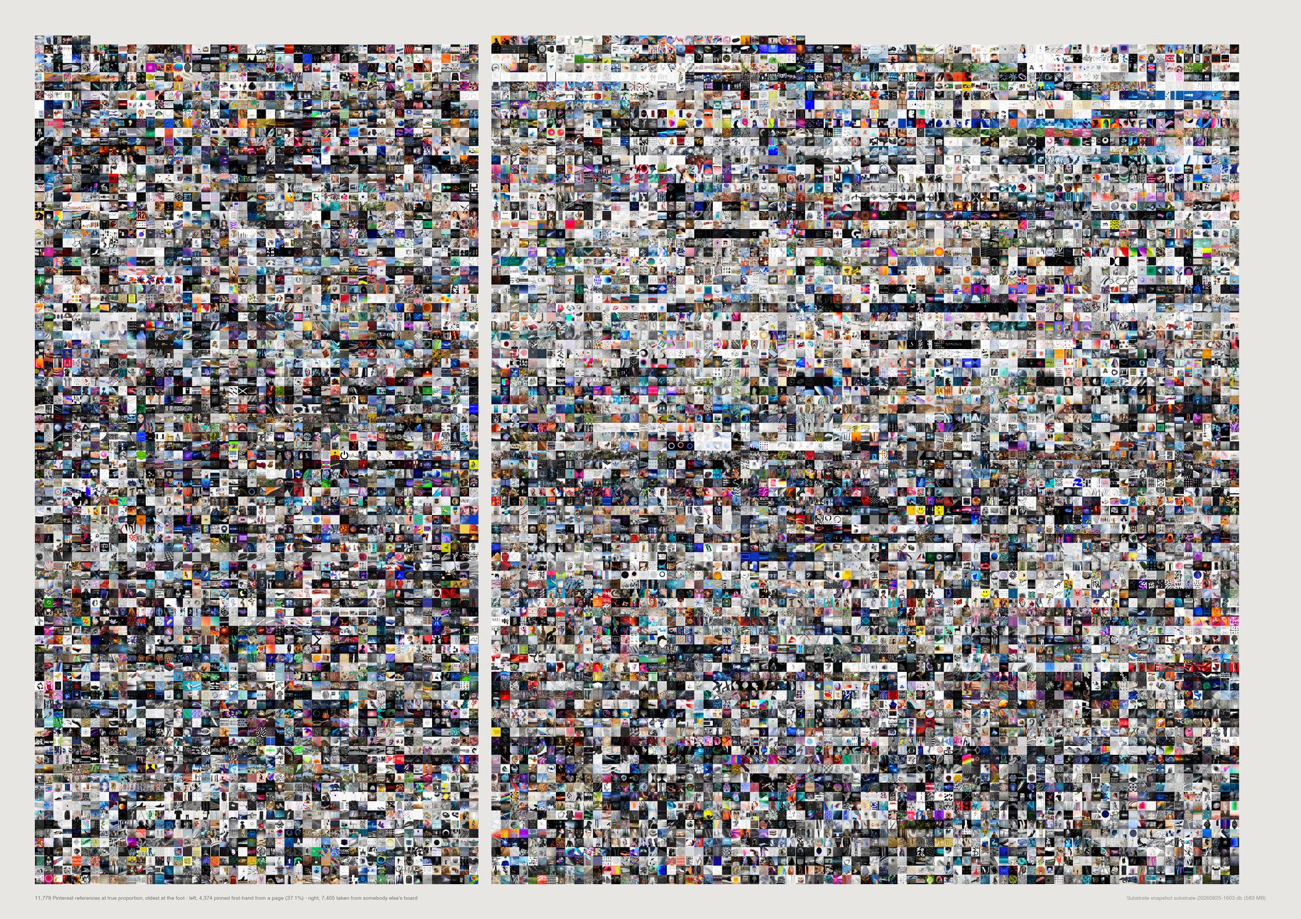 Two fields of very small images side by side at unequal widths, the left about a third of the sheet and the right about two thirds, both running oldest at the foot.