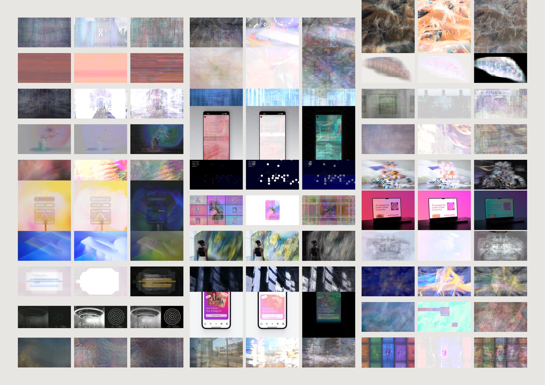 Thirty triptychs in three columns; each triptych shows a smeared average, a bright accumulation and a dark panel where only the moving parts glow.