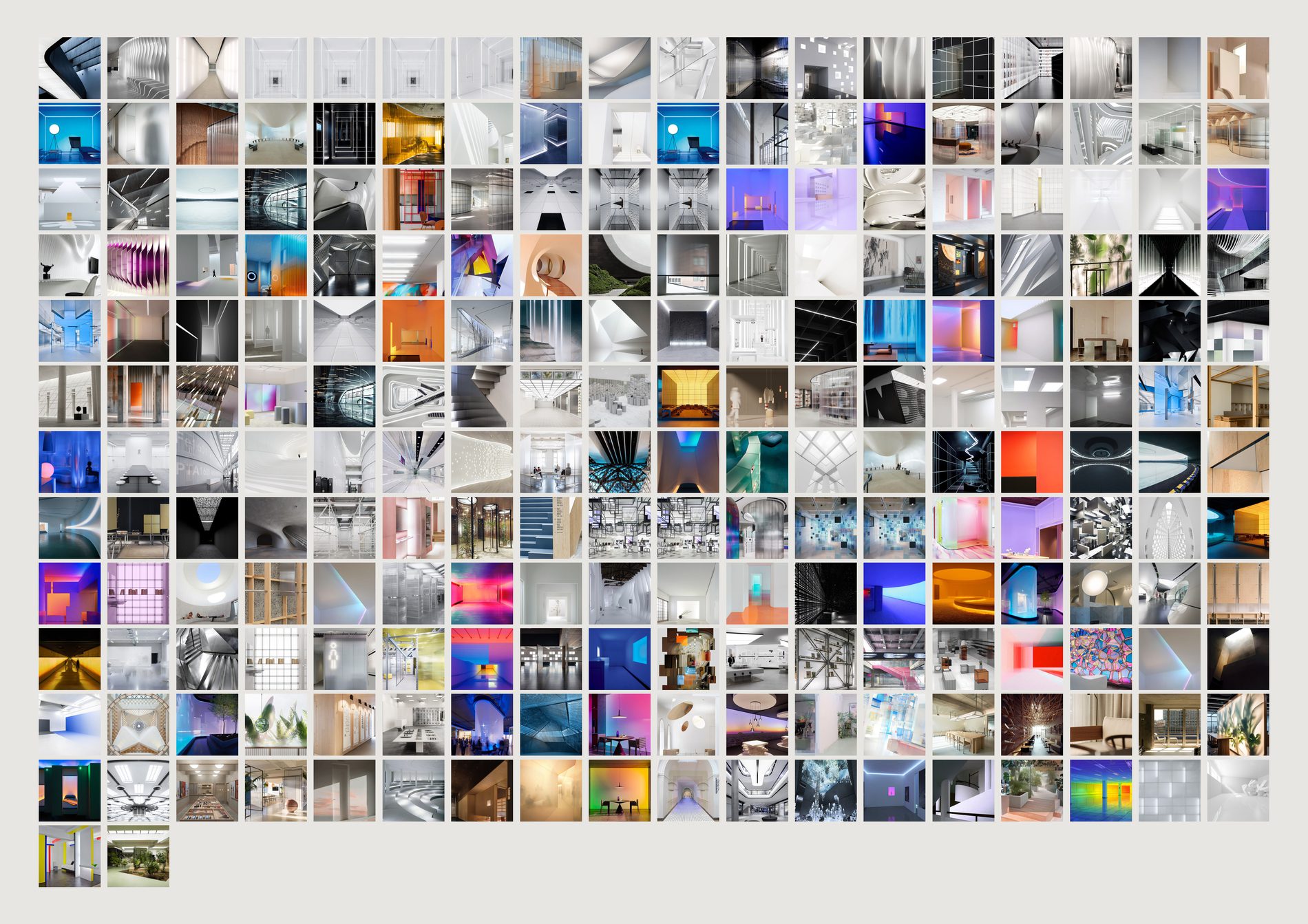 A grid of interiors: pale, spare, architectural.