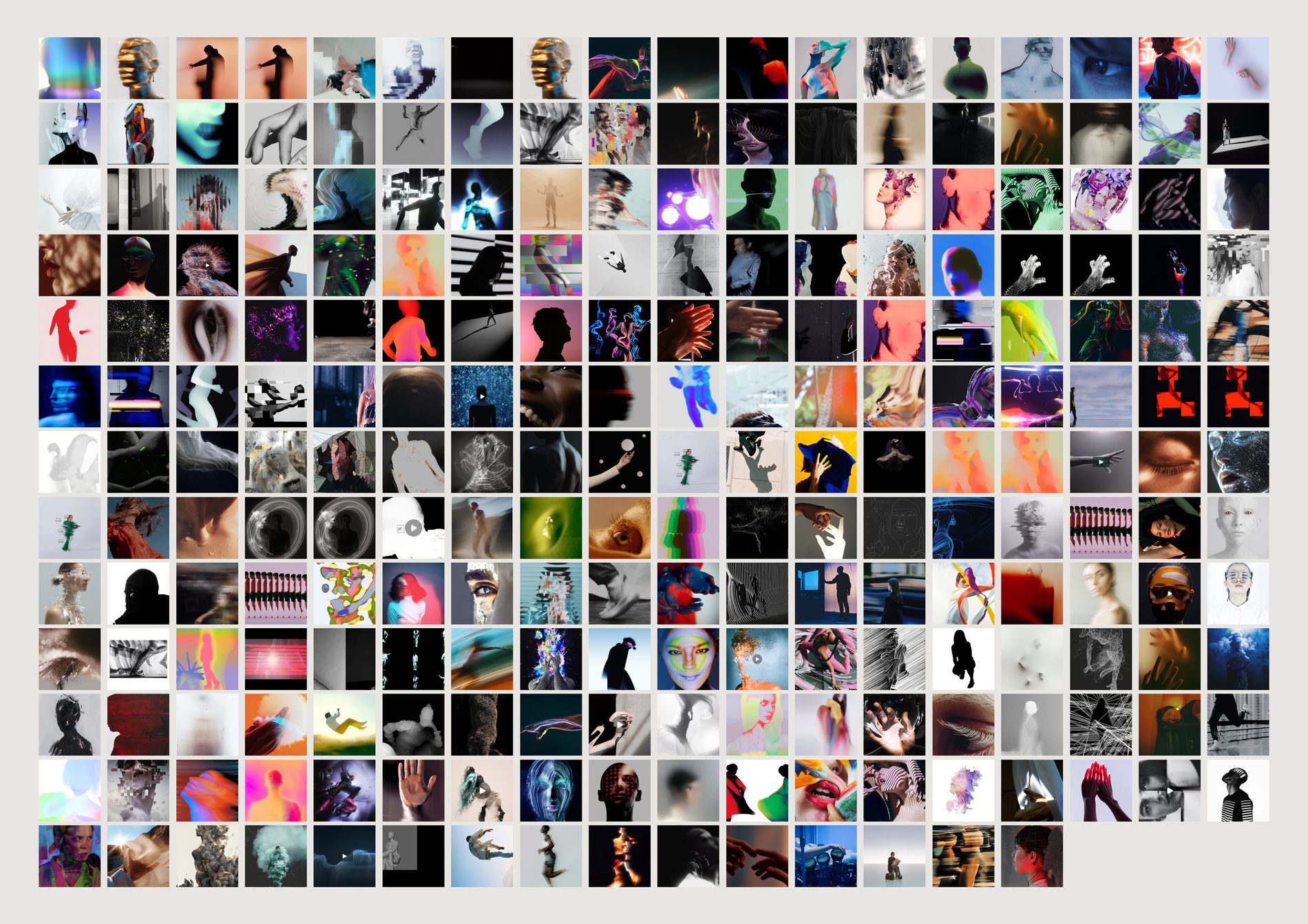 A grid of images labelled person: faces dissolved, painted, distorted, reduced to single lines.