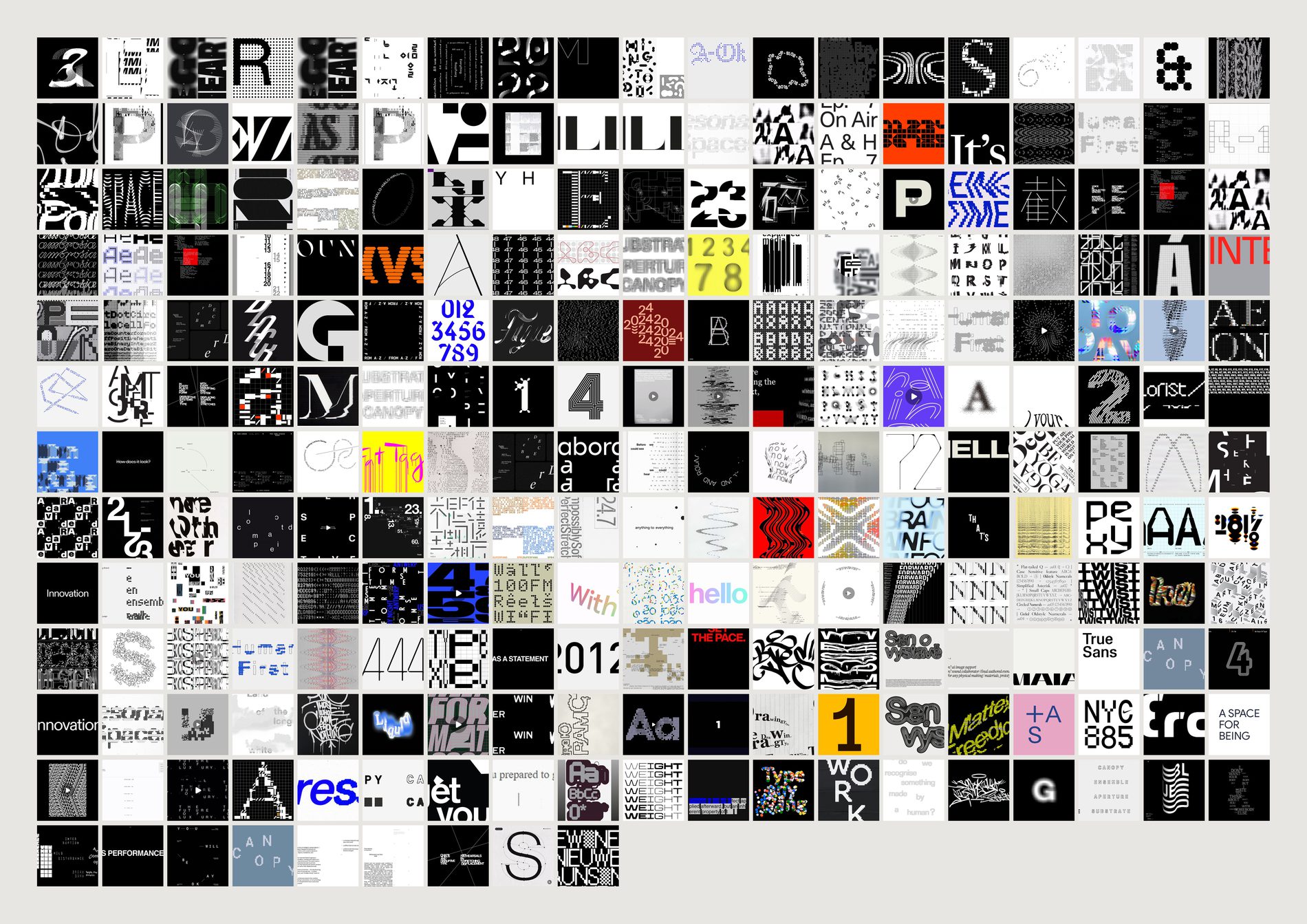 A grid of two hundred and thirty-six typographic references: black and white letterforms, grids, moir&eacute; type, numerals, poster layouts.