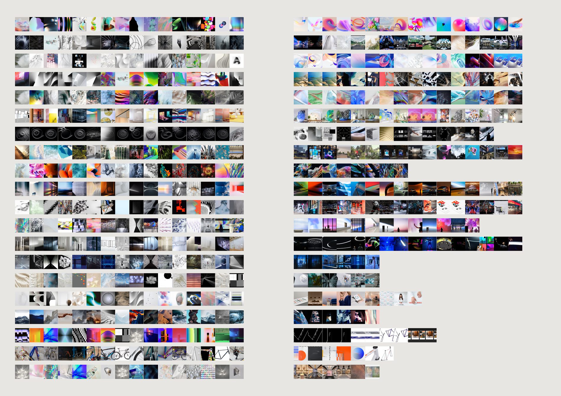 Twelve rows, each a strip of reference images on the left and published work images on the right.