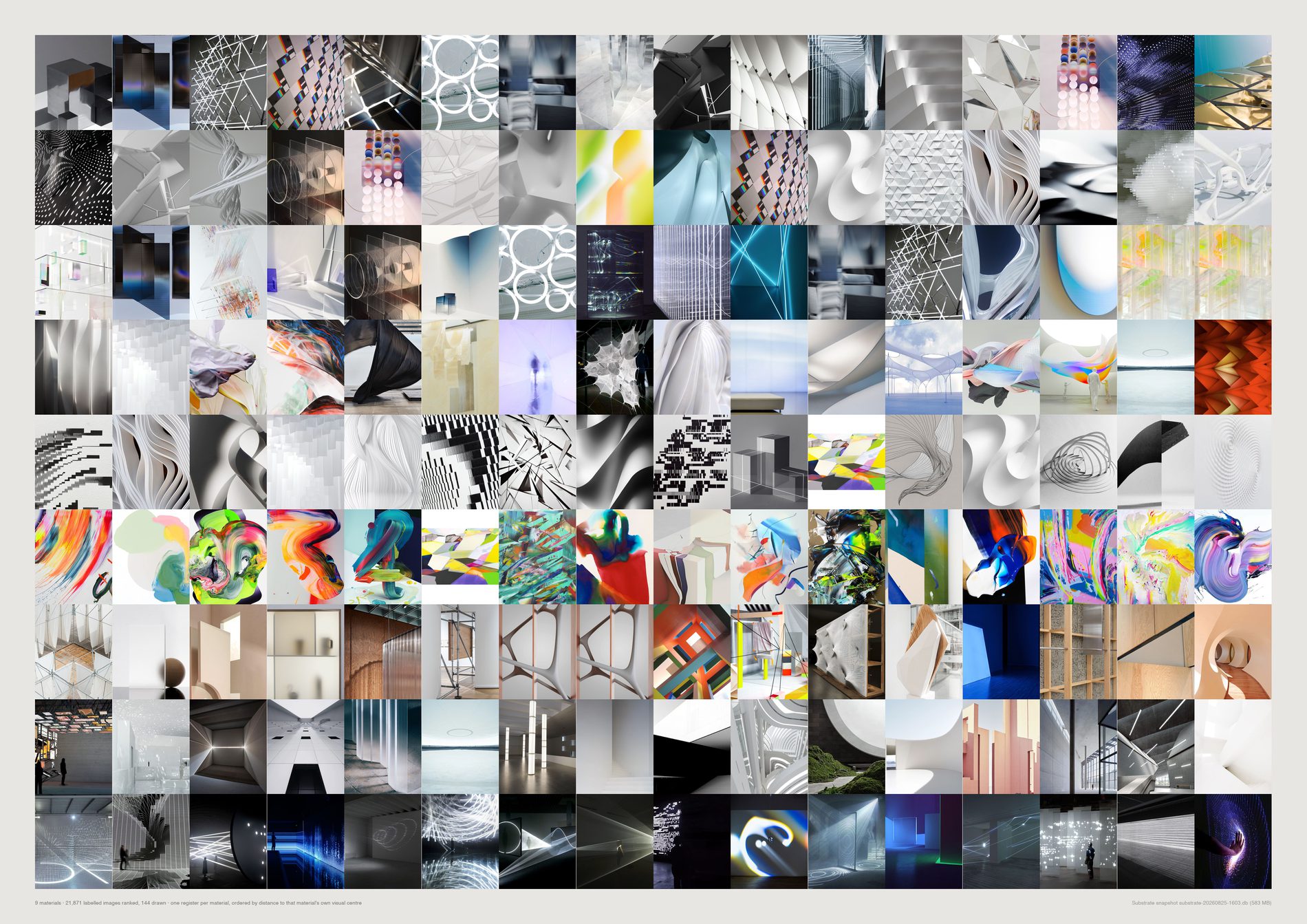 Nine horizontal registers of images, one per material.