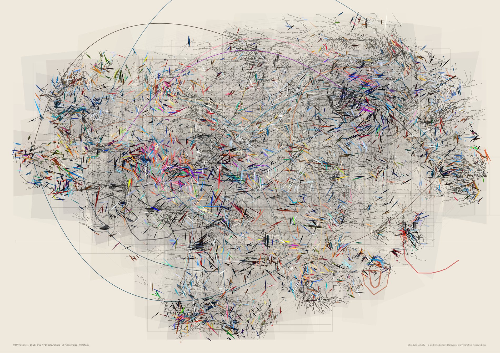 A dense cream sheet: grey architectural blocks and ruled section lines under translucent washes, with thousands of ink scribbles and coloured slivers swirling into near-black knots.