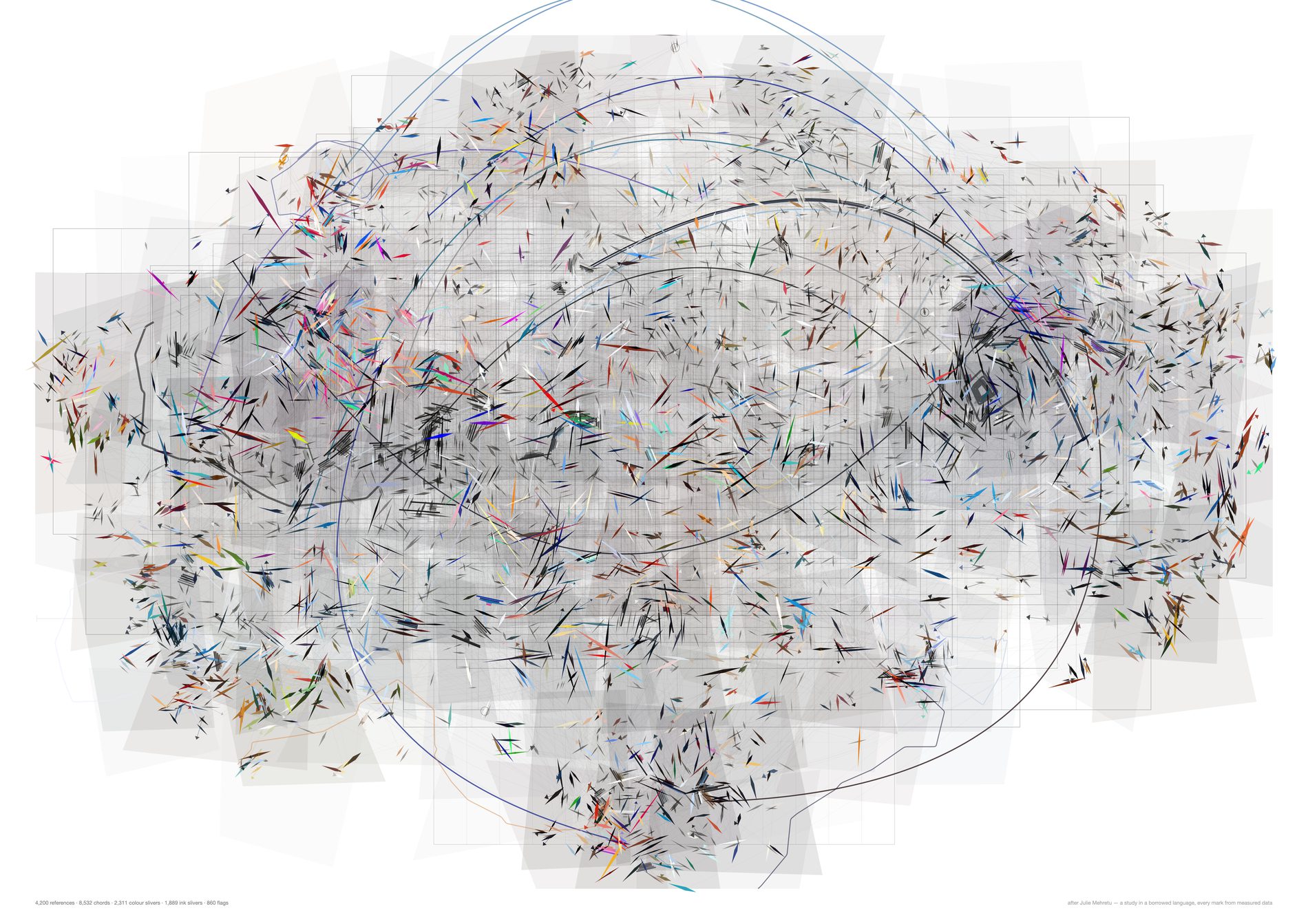 A white sheet made entirely of tapered lozenges, coloured above the saturation gate and graphite below it, still swirling at the second study's turbulence.
