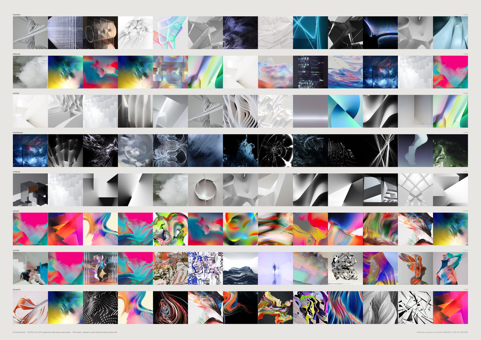 Horizontal bands, one per mood word, each filled with the images carrying it.